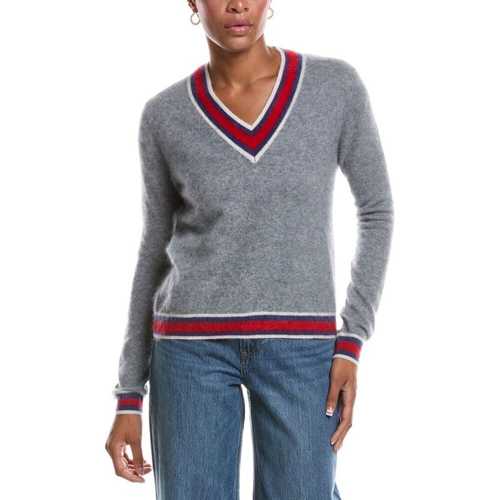 Autumn Cashmere Womens  Striped V 100% Cashmere Tennis Sweater, Yellow